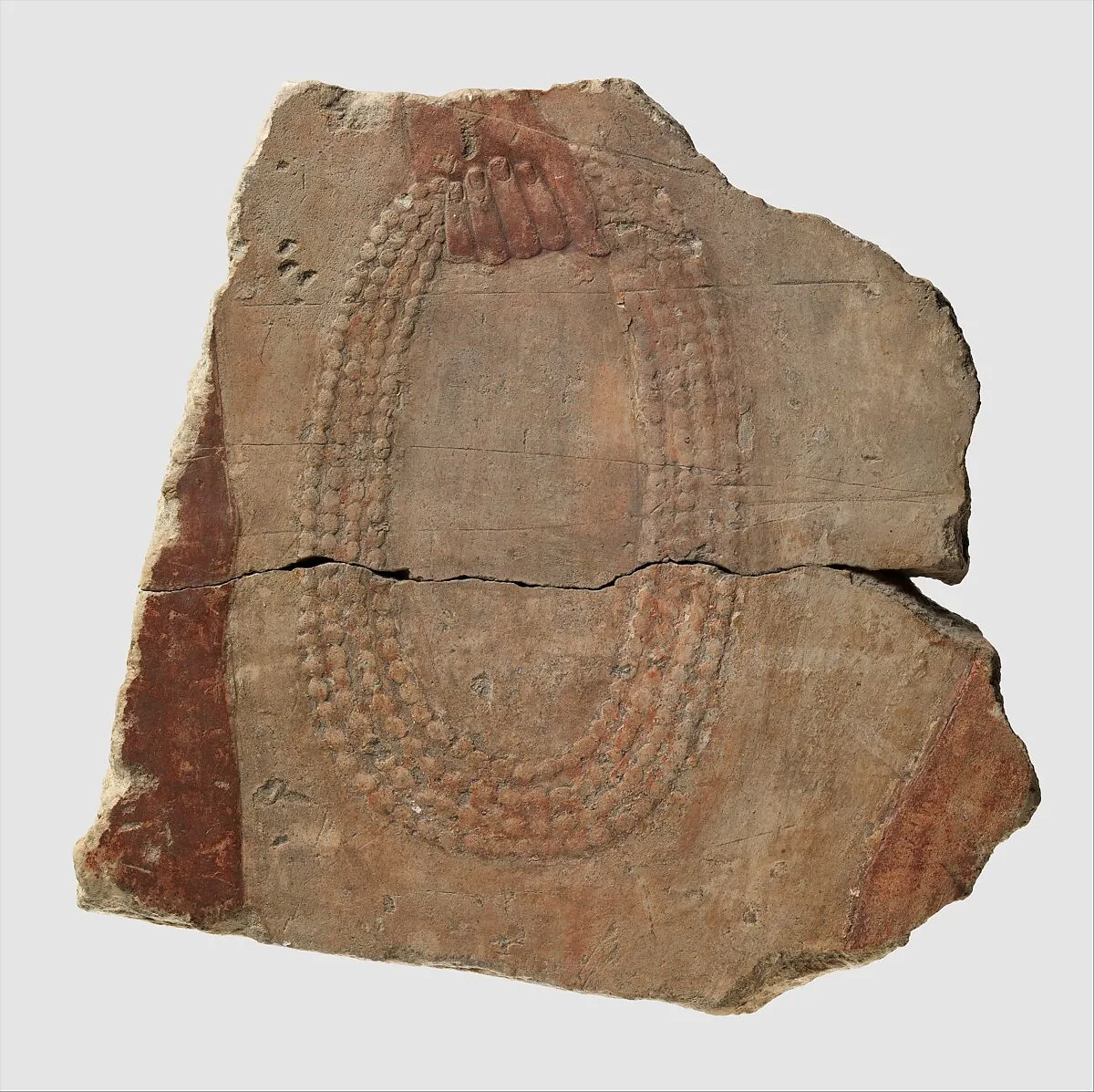 Fragment of a figure holding a multistrand coil of beads, preceded by another individual — Unknown