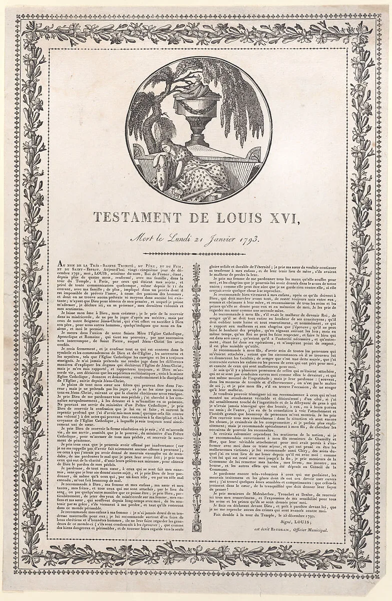 The last words of Louis XVI (Testament de Louis XVI) — Marie Antoinette, Queen of France|Louis XVII|Louis XVI, King of France|Anonymous|Marie Thérèse Charlotte of France