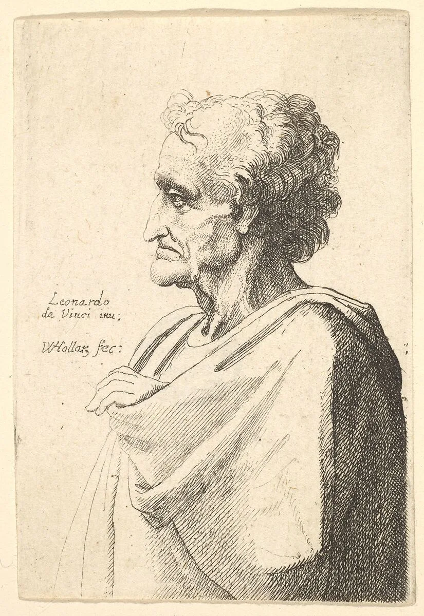 Man with doleful expression to left with hand emerging from cloak — Leonardo da Vinci|Wenceslaus Hollar