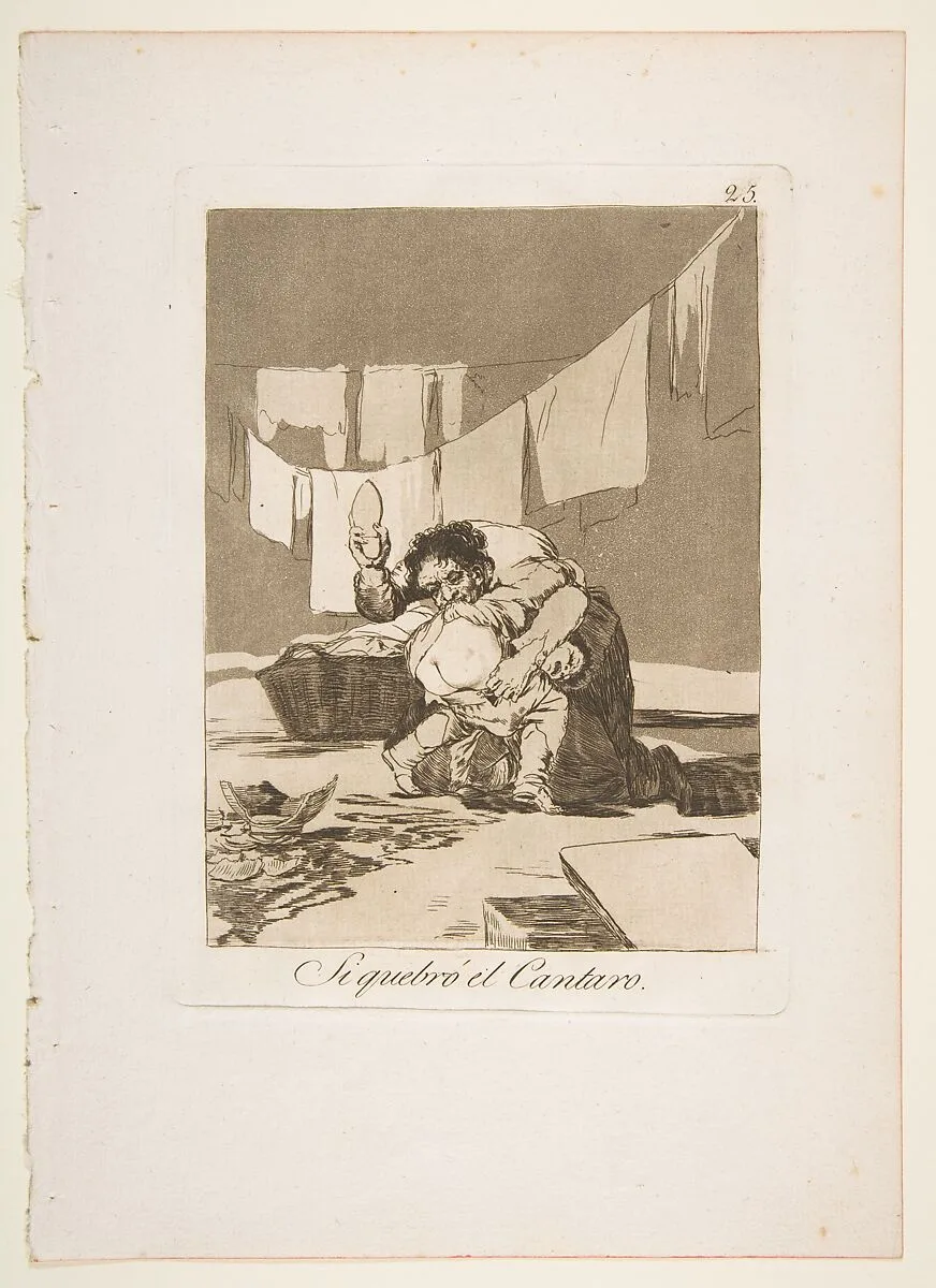 Plate 25 from "Los Caprichos": If he broke the pot (Si quebró el Cantaro) — Goya (Francisco de Goya y Lucientes)