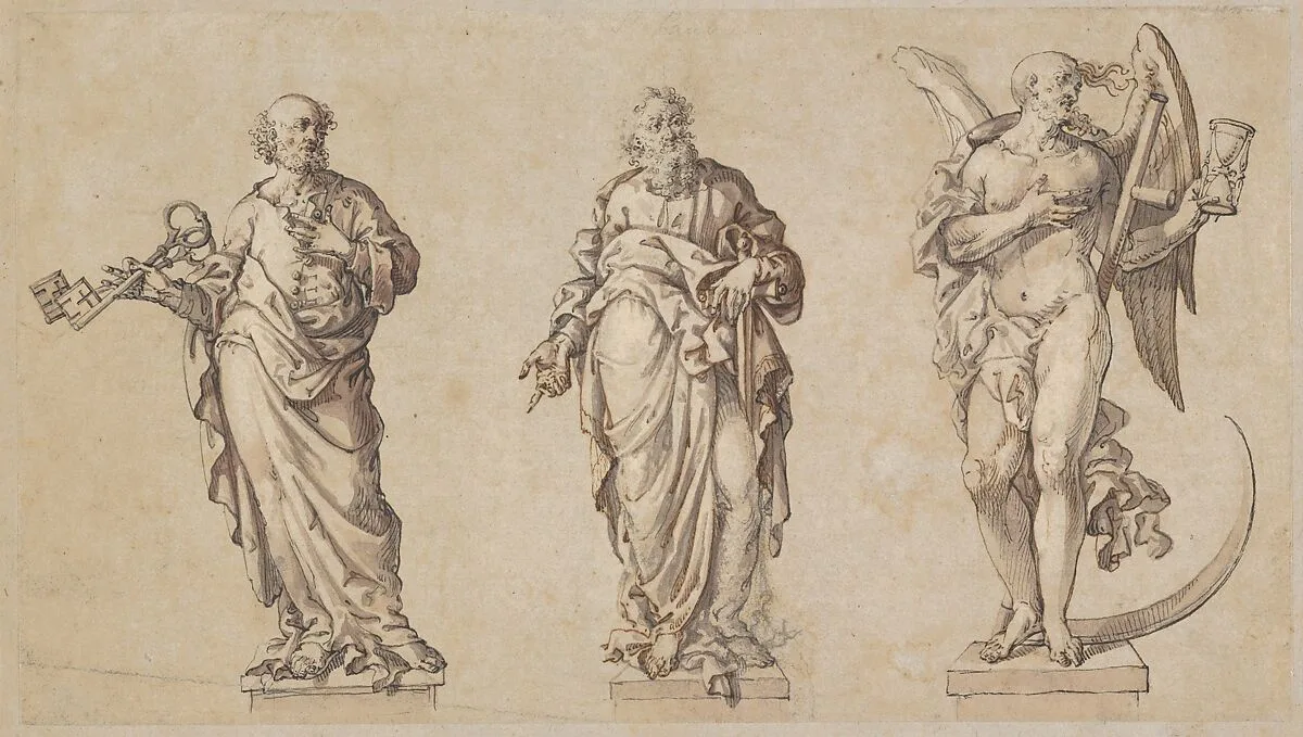 Sculpture Designs for Saint Peter, Saint Paul, and the Angel of Death — Anonymous, German, Augsburg or Munich, early 17th century