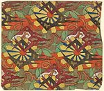 Repetitive Pattern with Yellow Petalled Flowers and Alternating Orange and Green Vertical Stripes in the Background — Anonymous, French, 20th century