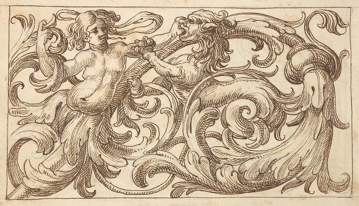 Horizontal Panel Design with a Young Man and a (male) Sphinx Interspersed between Acanthus Rinceaux — Polifilo Giancarli|Anonymous, Italian, Venetian, 17th century