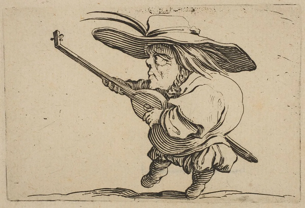 Le Joeuer de Luth (The Lute Player), from Varie Figure Gobbi, suite appelée aussi Les Bossus, Les Pygmées, Les Nains Grotesques (Various Hunchbacked Figures, The Hunchbacks, The Pygmes, The Grotesque Dwarfs) — Jacques Callot