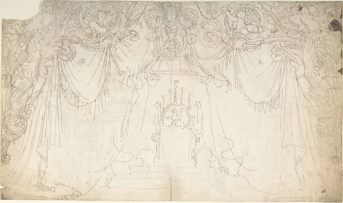 Design for Bed Alcove (recto); Studies for Statues and Carvings on Bed (verso) — William Pitts