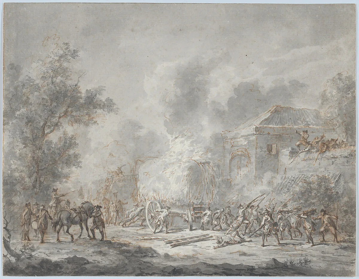 A Skirmish with Soldiers Near a Farm; Verso: Sketch with Soldiers — Dirk Langendijk