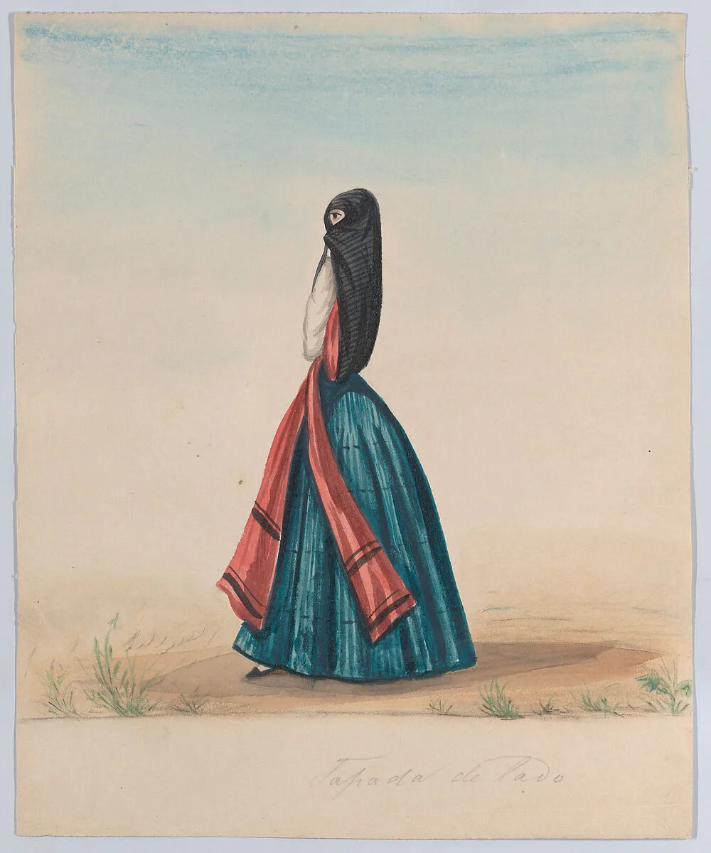 A woman wearing the saya and manto standing in profile, from a group of drawings depicting Peruvian dress — Francisco (Pancho) Fierro