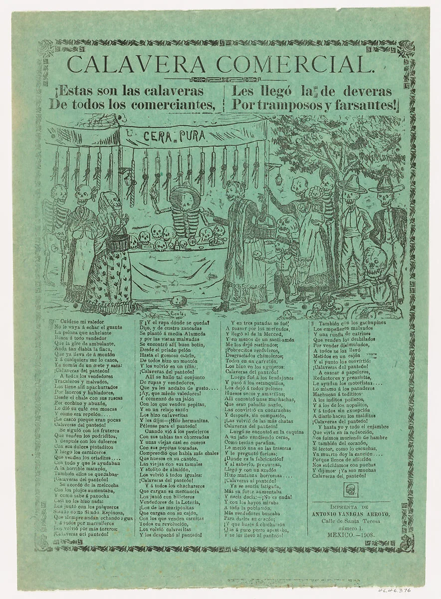 Broadsheet relating to commerical/business skeletons (Calavera Comercial) and charlatanism, many skeletons gather around a candle vendor — Antonio Vanegas Arroyo|J. Cortés