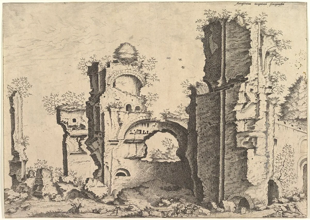 View of ruins, possibly the Baths of Caracalla, from the series 'The Small book of Roman ruins and buildings' (Operum antiquorum romanorum) — Hieronymus Cock|Johannes van Doetecum I|Lucas van Doetecum|Hieronymus Cock