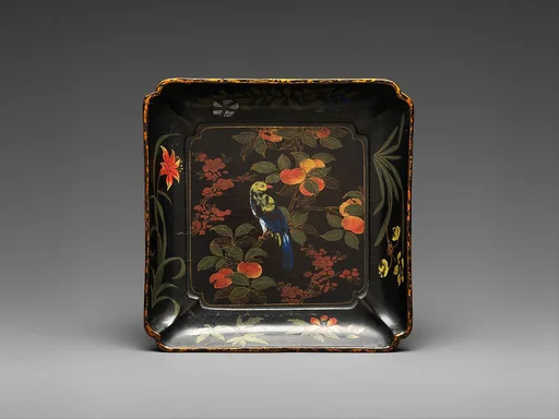 明晚期 黑漆彩繪花鳥紋委角四方盤|Dish with persimmons, flowers, and birds