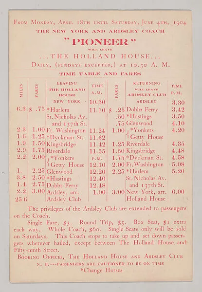 Fare and Time Table for the Pioneer Road Coach - The Holland House to the Ardsley Club, April 18-June 4, 1904 — Unknown