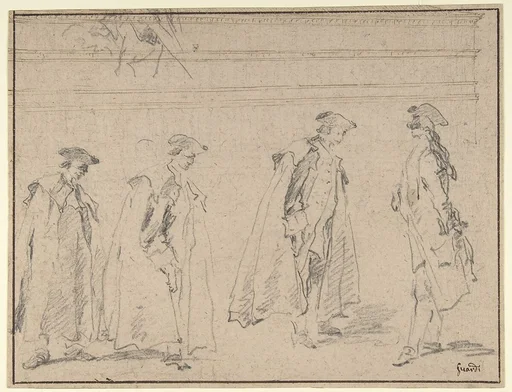 Figure Studies (recto); Figures Along a Canal and on a Bridge; to the right, a Curtain and a Stool (?) (verso)