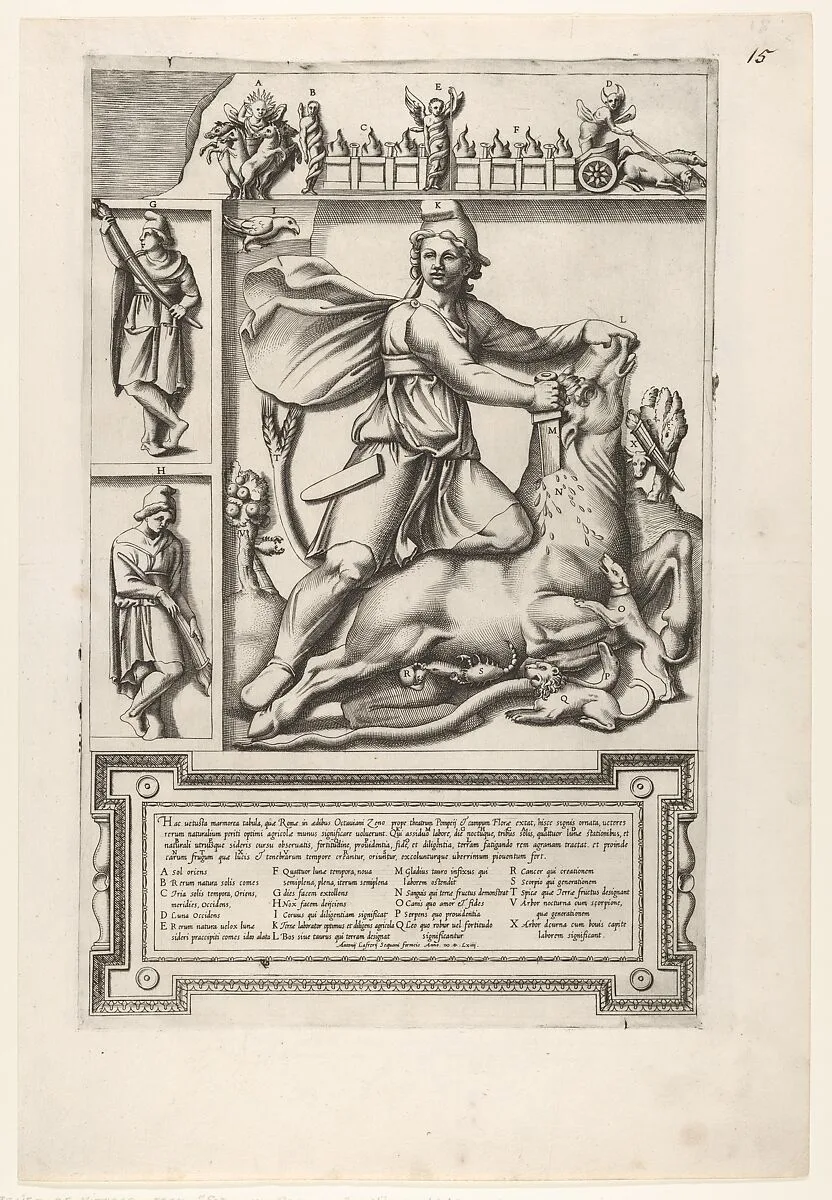 Relief with Mithras kneeling upon a bull and driving a sword into its shoulder, at left two smaller standing figures, one holding a sheathed sword and one holding a sword, a frieze with chariots and serpents coiled around figures above — Anonymous, Italian, 16th century|Antonio Lafreri