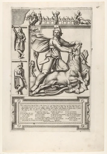 Relief with Mithras kneeling upon a bull and driving a sword into its shoulder, at left two smaller standing figures, one holding a sheathed sword and one holding a sword, a frieze with chariots and serpents coiled around figures above
