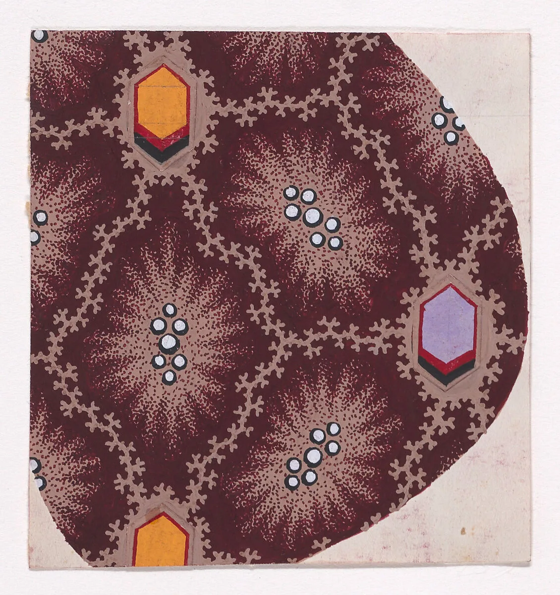 Textile Design with Alternating Hexagons and Starlike Shapes with Pearls in the Center Framed by a Network of Garlands of Branches — Anonymous, Alsatian, 19th century