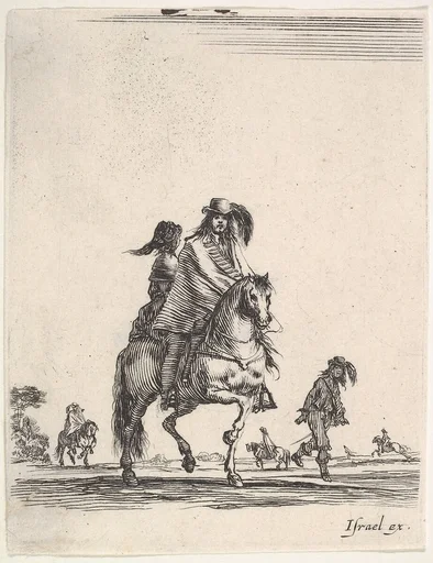 A horseman and his wife, seated side-saddle behind him, riding towards the right, other horsemen and footsoldiers in the background, from 'Various cavalry exercises' (Diverses exercices de cavalerie)
