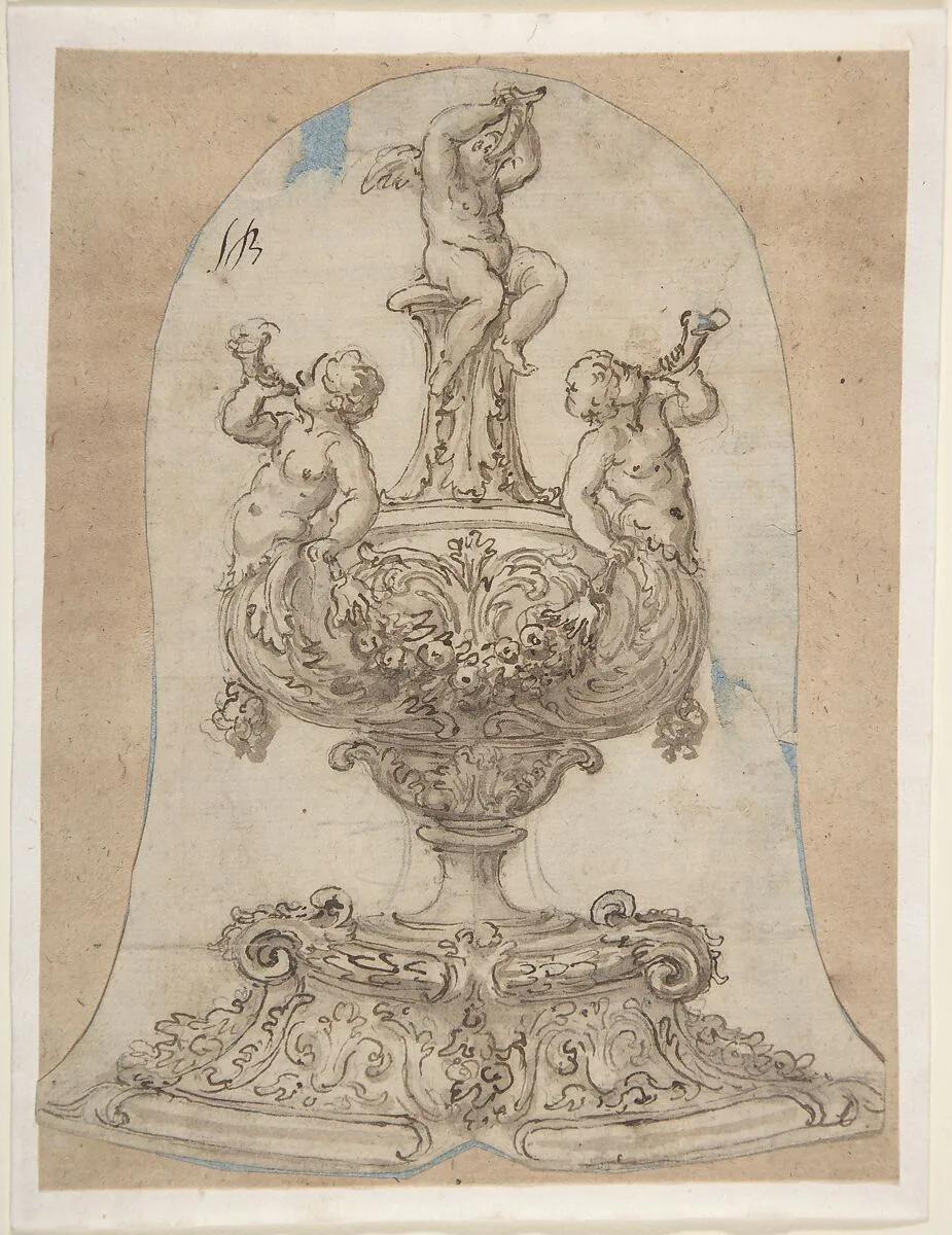 Design for a Vessel with Two Tritons Blowing Horns and a Winged Putto on Top — Giovanni Battista Foggini