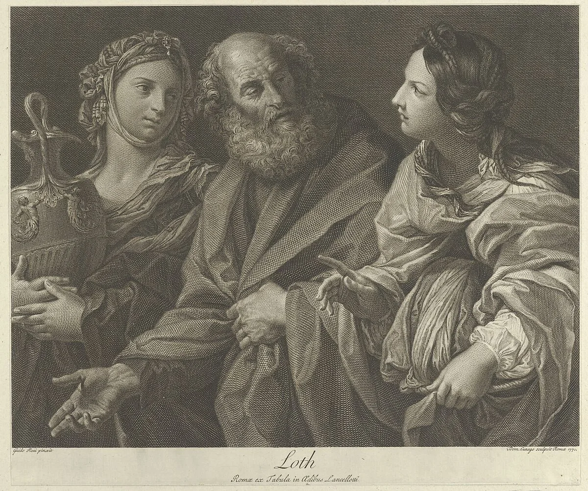 Lot flanked by his two daughters, one of them holding a decorated jug, after Reni — Guido Reni|Domenico Cunego