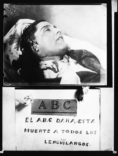 [Copy of Two Newspaper File Photographs: Blood-Stained Corpse of Revolutionary (?) and Graffito, Probably Havana]