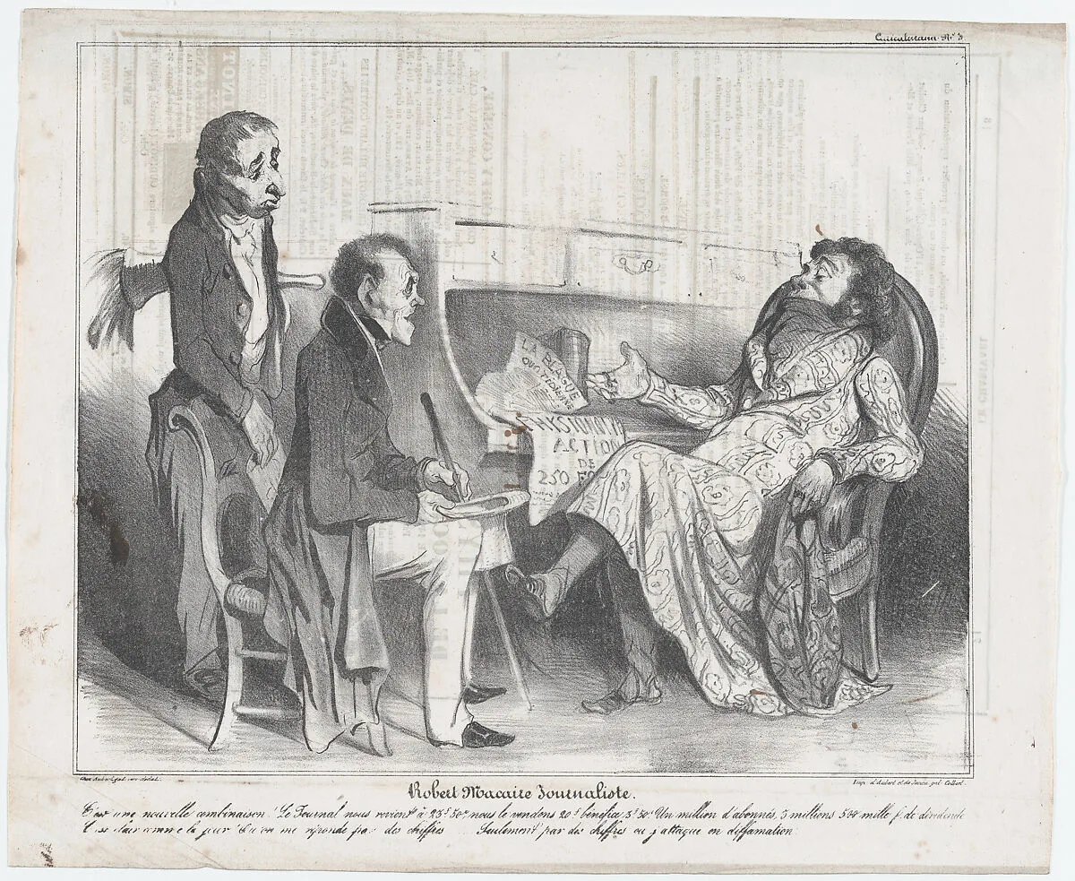 Plate 3: Robert Macaire, journalist, from 'Caricaturana,' published in Le Charivari, September 10, 1836 — Aubert et Cie|Junca|Honoré Daumier|Charles Philipon