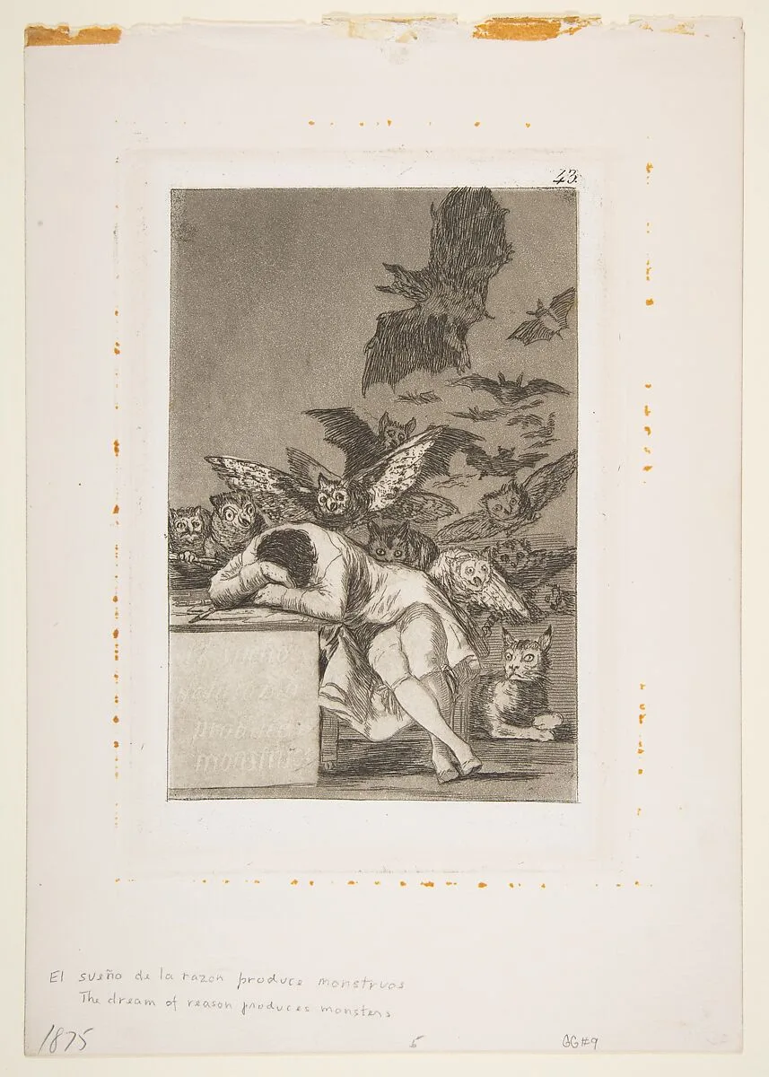 Plate 43 from "Los Caprichos": The sleep of reason produces monsters (El sueño de la razon produce monstruos) — Goya (Francisco de Goya y Lucientes)