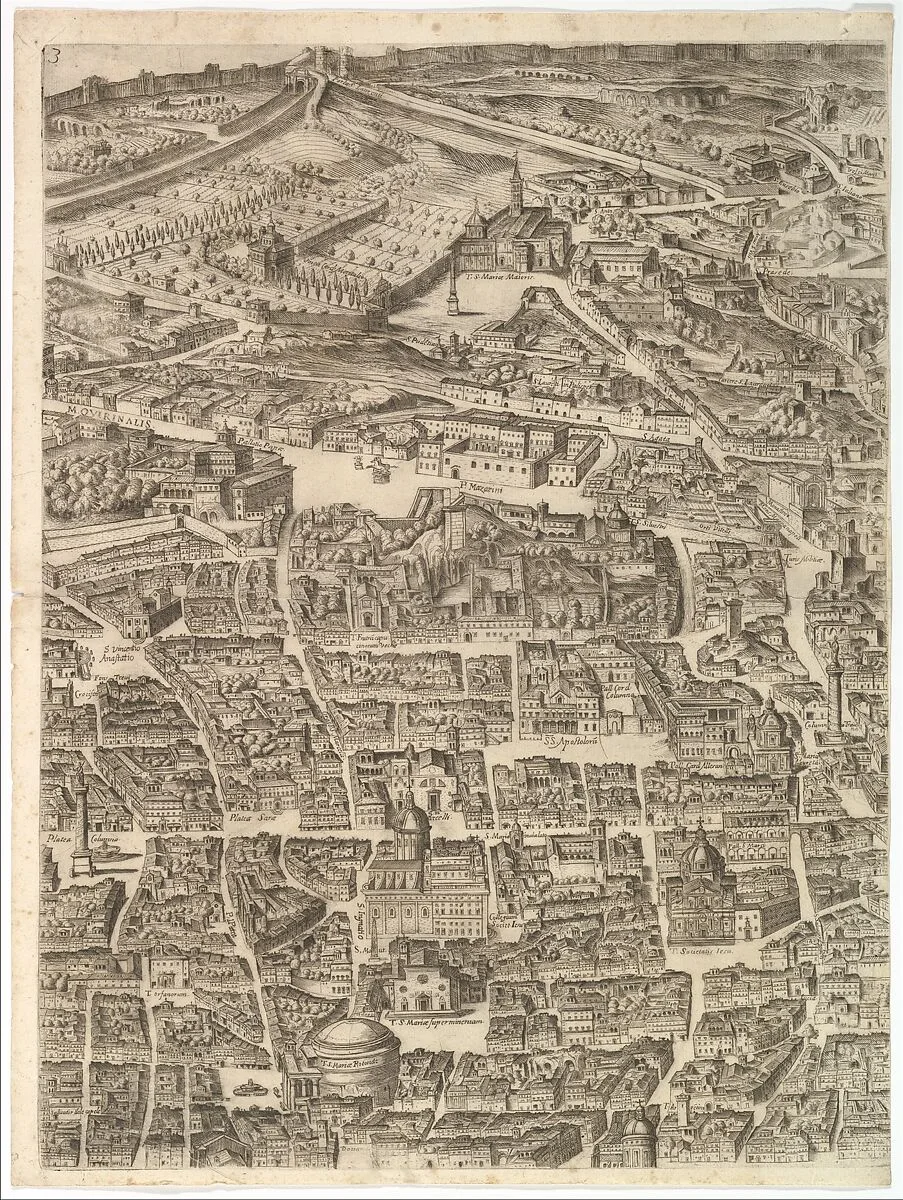 Plan of the City of Rome. Part 3 with the Santa Maria Maggiore, the Pantheon and Trajan's Column — Giovanni Domenico de Rossi|Cardinal Camillo Pamphili|Antonio Tempesta