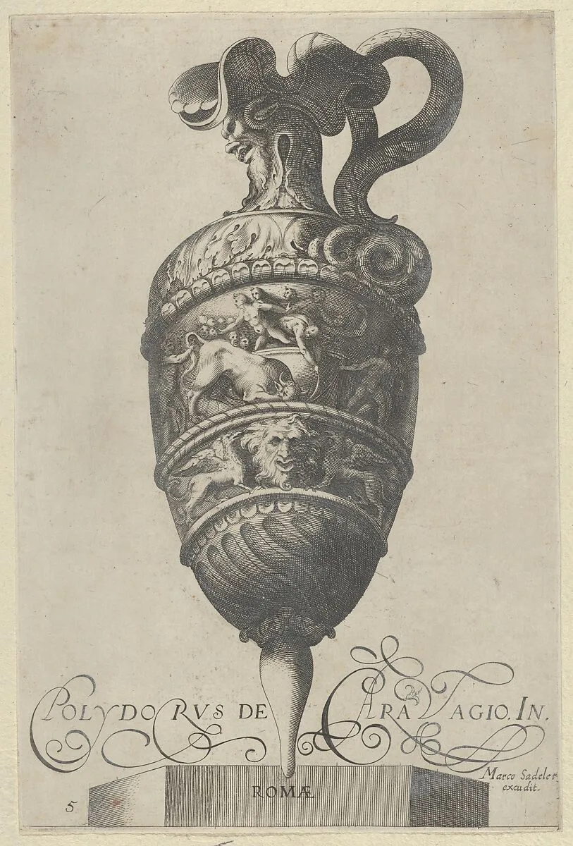 Plate 5: Vase or Ewer with a Double Frieze, the Top shows Men Wrestling a Bull, the Bottom contains a Mask and Two Griffins, from Antique Vases (Vasa a Polydoro Caravagino) — Cherubino Alberti (Zaccaria Mattia)|Polidoro da Caravaggio|Aegidius Sadeler II|Marcus Sadeler
