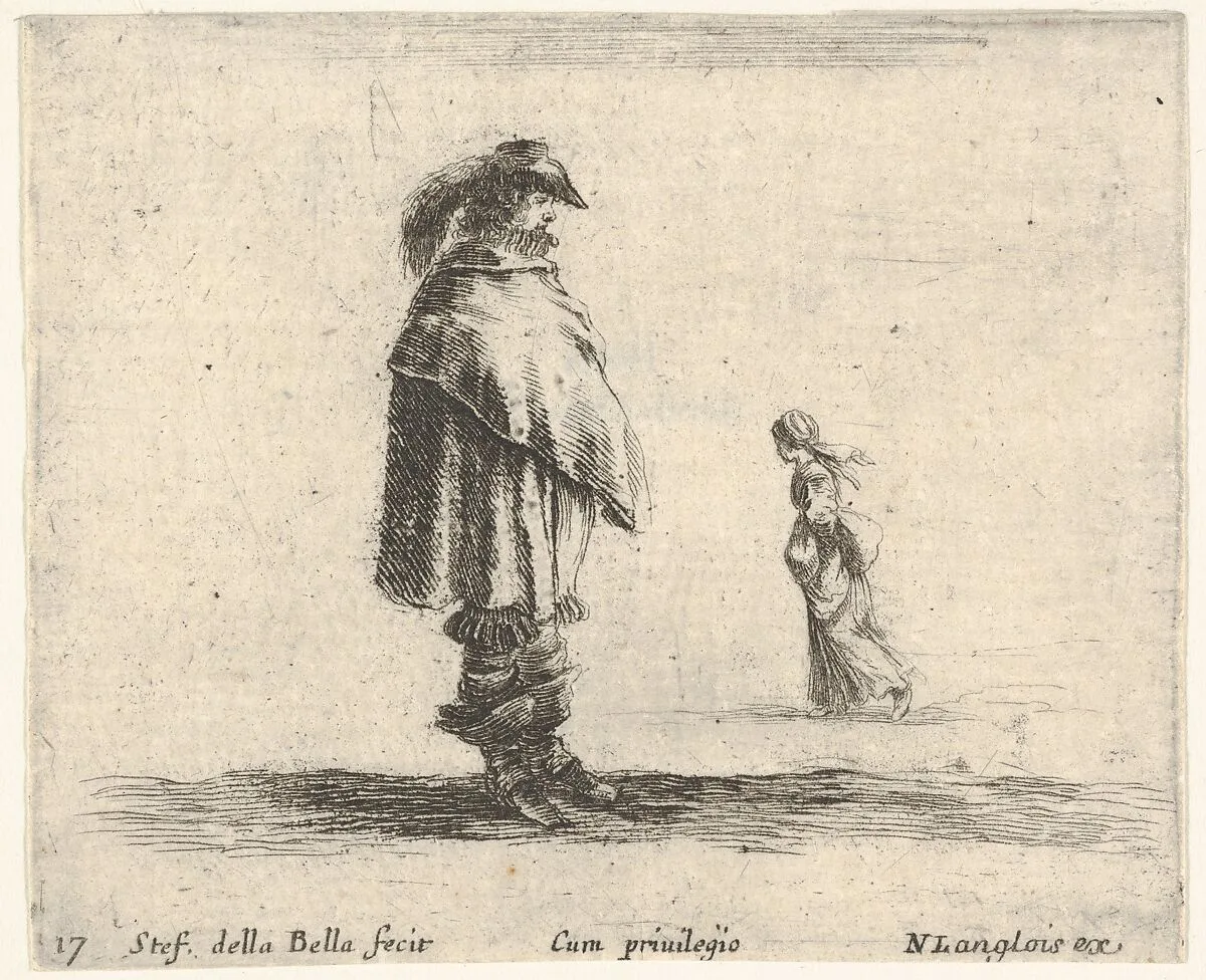 Plate 17: a man wearing a plumed hat in center facing right, a woman walking towards the left in the background, from 'Diversi capricci' — Stefano della Bella|Nicolas Langlois