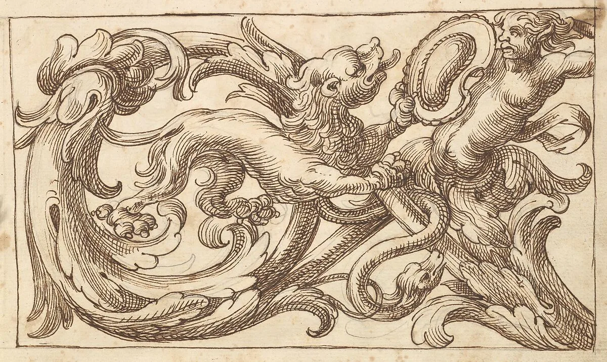 Horizontal Panel Design with a Male Figure and a Lion Interspersed between Acanthus Rinceaux — Polifilo Giancarli|Anonymous, Italian, Venetian, 17th century