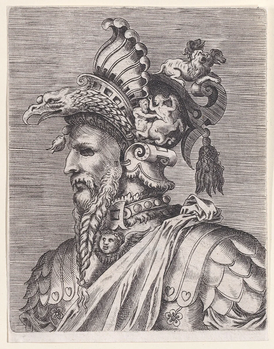 Bust of a Man Wearing a Fantastic Head-dress and Mask — René Boyvin|Rosso Fiorentino