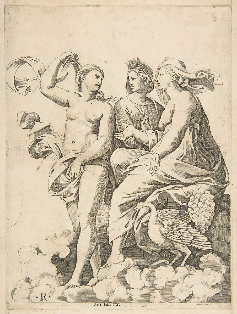Juno, Ceres, and Psyche in the clouds conversing, Juno seated with a peacock at her feet, Ceres wearing a garland of wheat and Psyche partially naked and holding a cloth — Marco Dente|Antonio Salamanca|Giulio Romano|Raphael (Raffaello Sanzio or Santi)