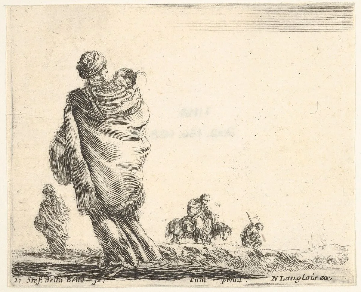 Plate 21: a poor woman to left, seen from behind, enveloping her child in a shawl, another woman seen from behind to left in background, a woman atop a horse and a man to right in background, from 'Diversi capricci' — Stefano della Bella|Nicolas Langlois
