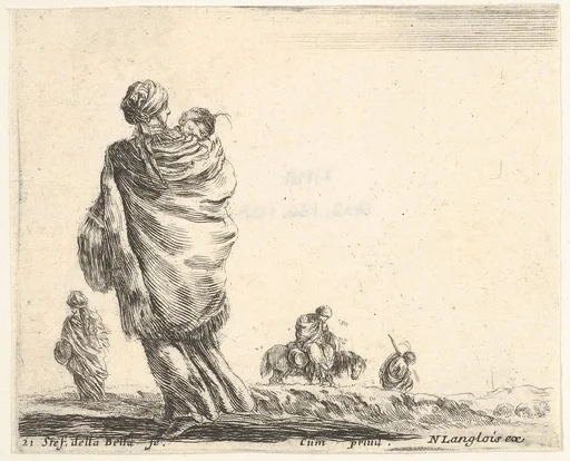 Plate 21: a poor woman to left, seen from behind, enveloping her child in a shawl, another woman seen from behind to left in background, a woman atop a horse and a man to right in background, from 'Diversi capricci'
