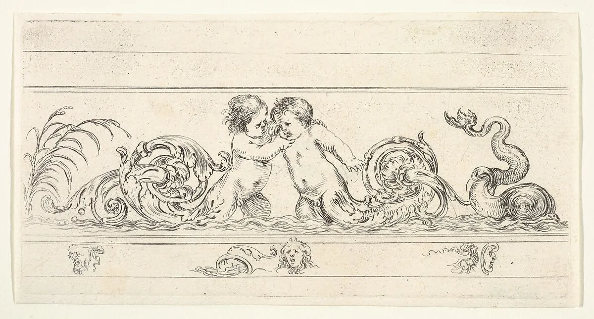 Plate 3: two infants standing in the water at center with their legs as scrollwork, below three small sketches of heads, from 'Friezes, foliage, and grotesques' (Frises, feuillages et grotesques) — Stefano della Bella