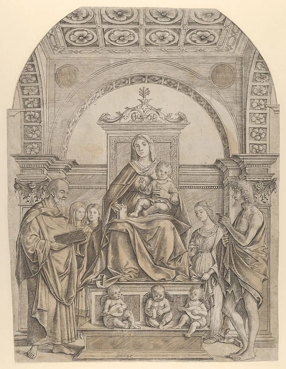 The Virgin and Child enthroned surrounded by saints and angels — Girolamo Mocetto