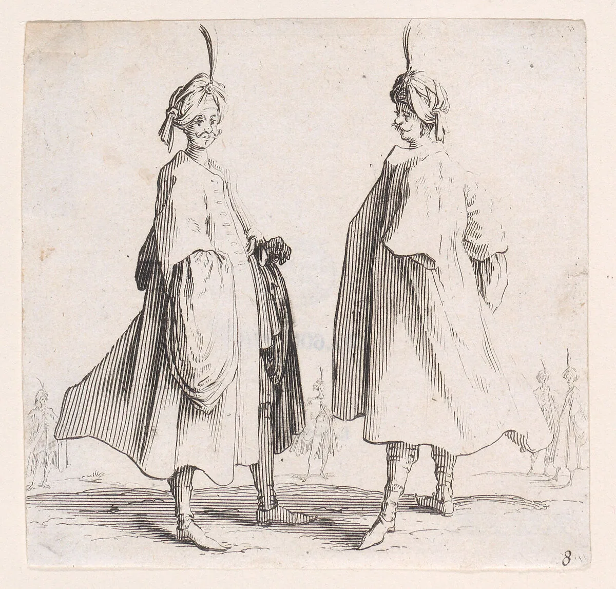 Les Deux Turcs Coiffés d'un Turban Avec un Aigrette (Two Turks Wearing Turbans with an Egret Feather), from Varie Figure (Various Figures), plate 8 — Jacques Callot