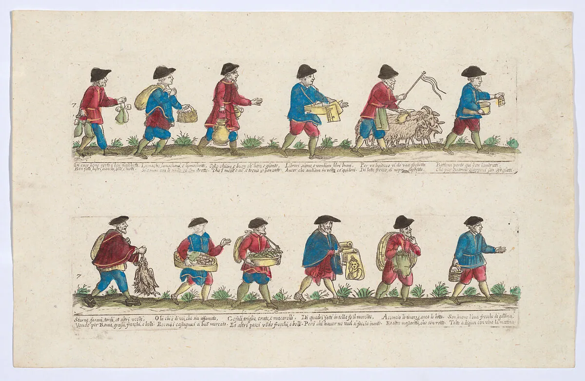 Plate 7 depicting the trades of Rome, here including vendors of books, chestnuts, portraits etc, from the 'Descrición de las artes que se llaman para los calles de la ciudad de Roma' — Giovanni Ambrogio Brambilla|Remondini