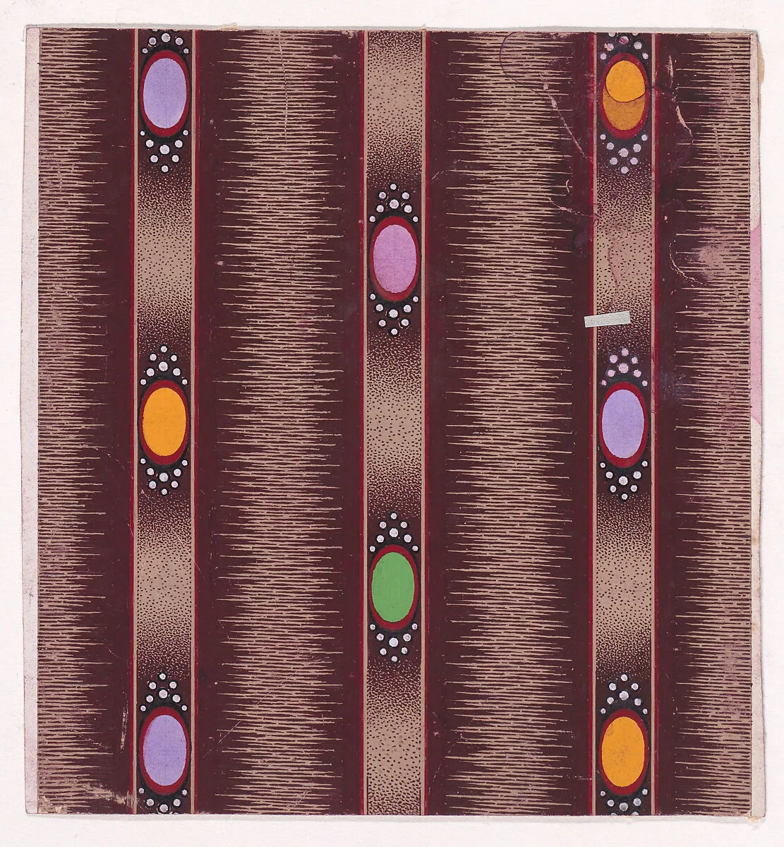 Textile Design with Vertical Stripes of Ribbon Decorated with Ovals Flanked by Pearls over a Glitched Background — Anonymous, Alsatian, 19th century