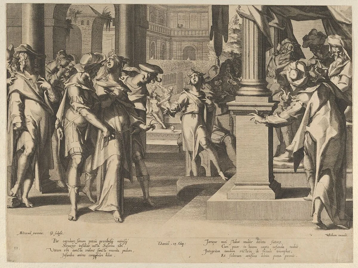 Susanna before Daniel, from Thronus Justitiae, tredecim pulcherrimus tabulis..., plate 3 — Joachim Wtewael|Willem van Swanenburg|Christoffel van Sichem I