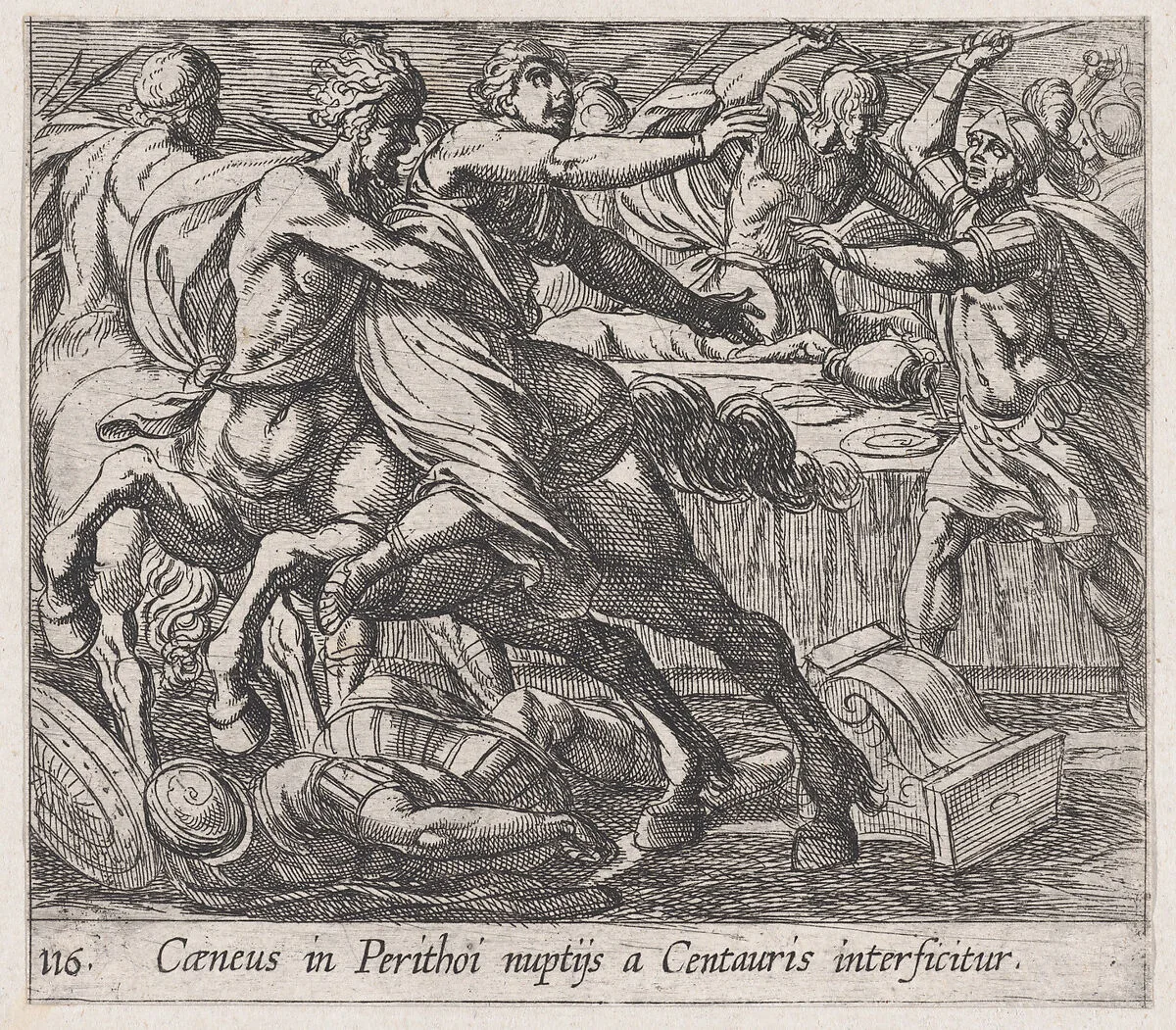 Plate 116: The Battle of the Lapithae and the Centaurs (Caeneus in Perithoi nuptijs a Centauris interficitur), from Ovid's 'Metamorphoses' — Antonio Tempesta