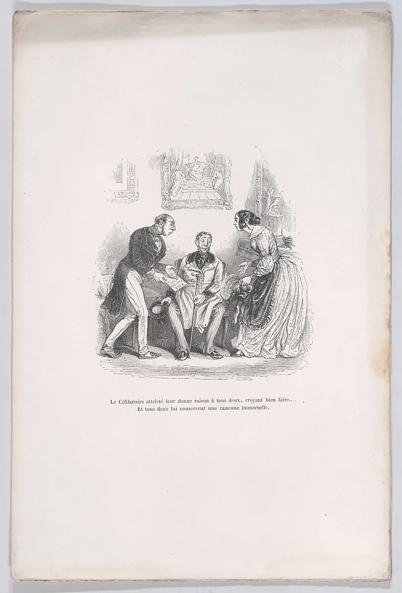 "The grieving widow gives them both the right to do well.... And they both retain an eternal grudge with each other." from the Little Miseries of Human Life — J. J. Grandville|Henri Fournier|Paul-Emile-Daurand Forgues|Auguste Barbant