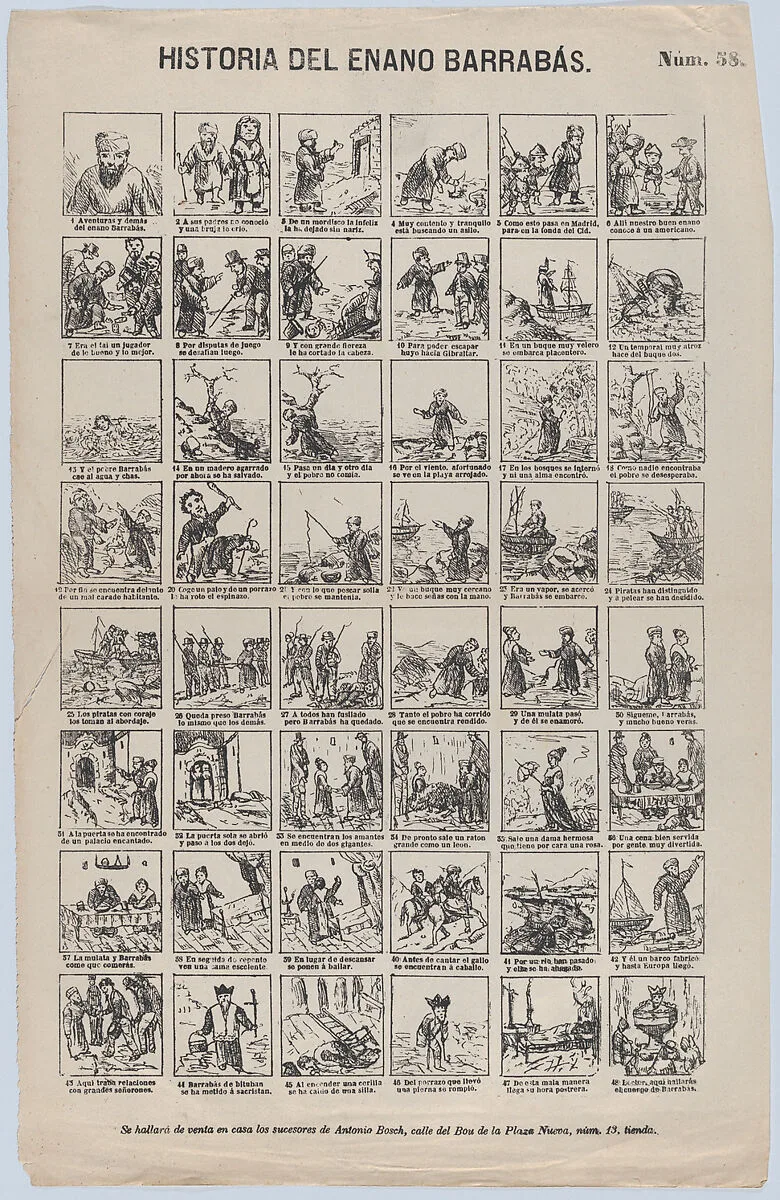 Broadside with 48 scenes depicting the story of the Dwarf Barrabás — Antonio Bosch
