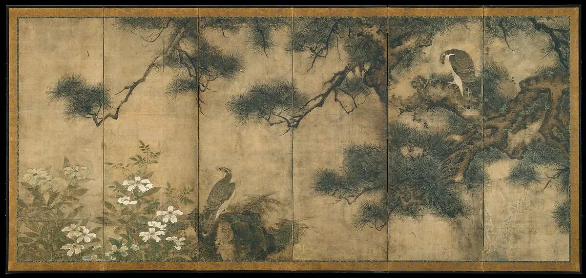 三谷等宿筆 伝三谷等宿筆 松と椿に鷹・柳と椿に小禽図屏風|Hawks with Pine Trees and Camellias; Small Birds with Willows and Camellias — Mitani Tōshuku
