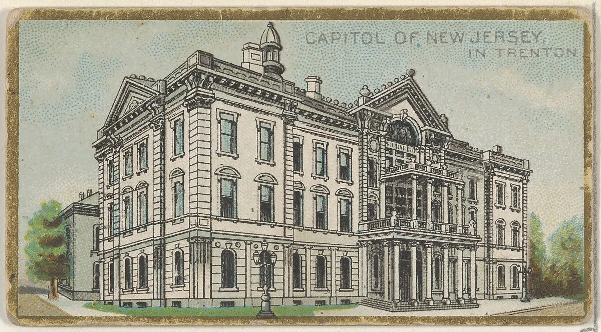 Capitol of New Jersey in Trenton, from the General Government and State Capitol Buildings series (N14) for Allen & Ginter Cigarettes Brands — Allen & Ginter|The Gast Lithograph & Engraving Company