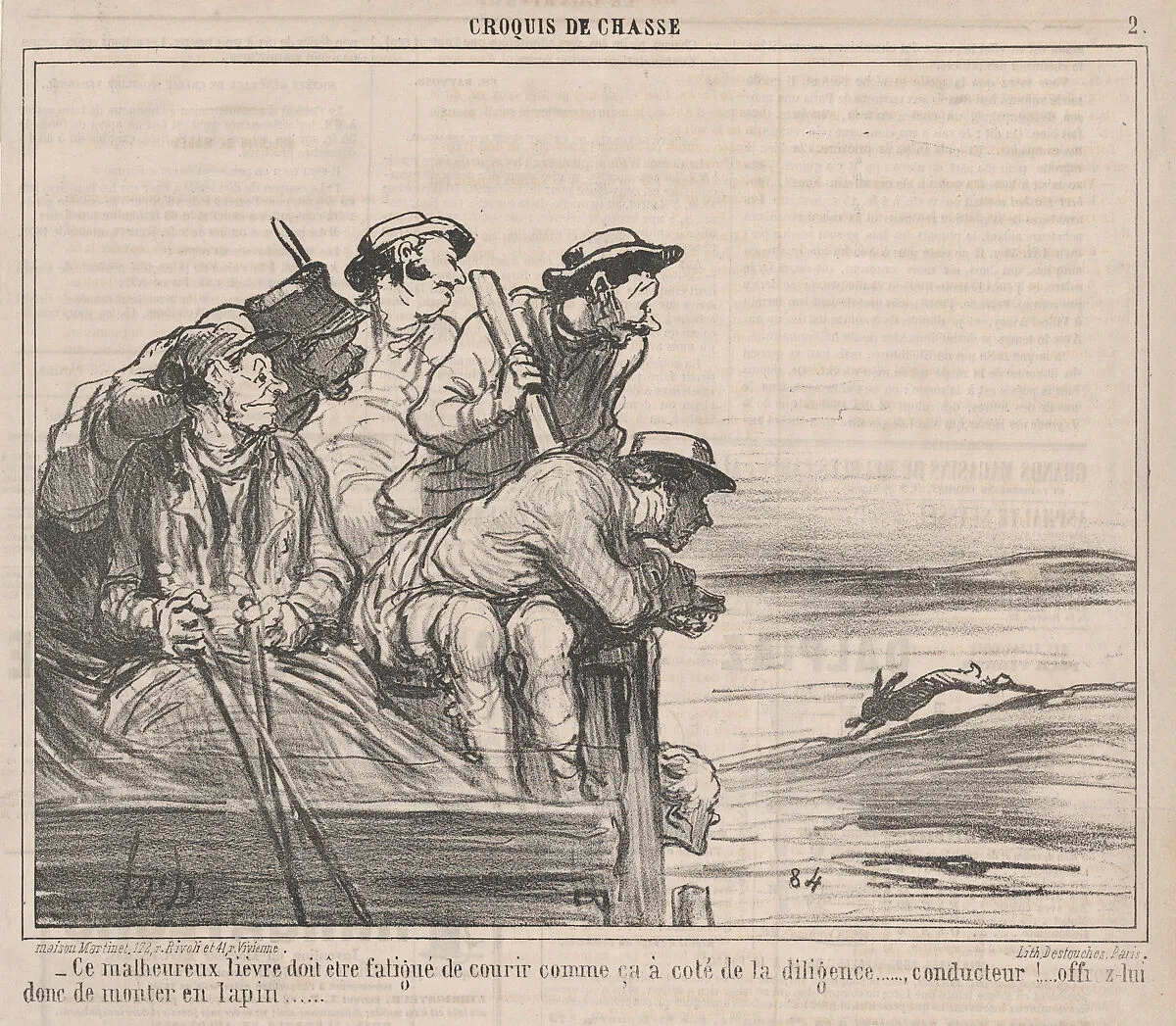 Ce malheureux lièvre doit être fatigué de courir comme ça à coté de la diligence....., from Croquis de Chasse, published in Le Charivari, September 29, 1859 — Aaron Martinet|Honoré Daumier|Destouches