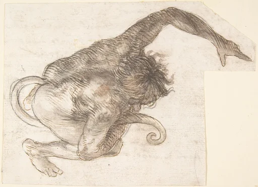 Figure of Fantastic Human-like Creature with Long Tail (recto); Fragment of a Letter or Document (verso)