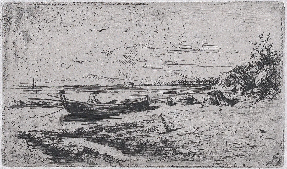 A boat near the shoreline of a beach or a river — Mariano Fortuny, 1838–1874