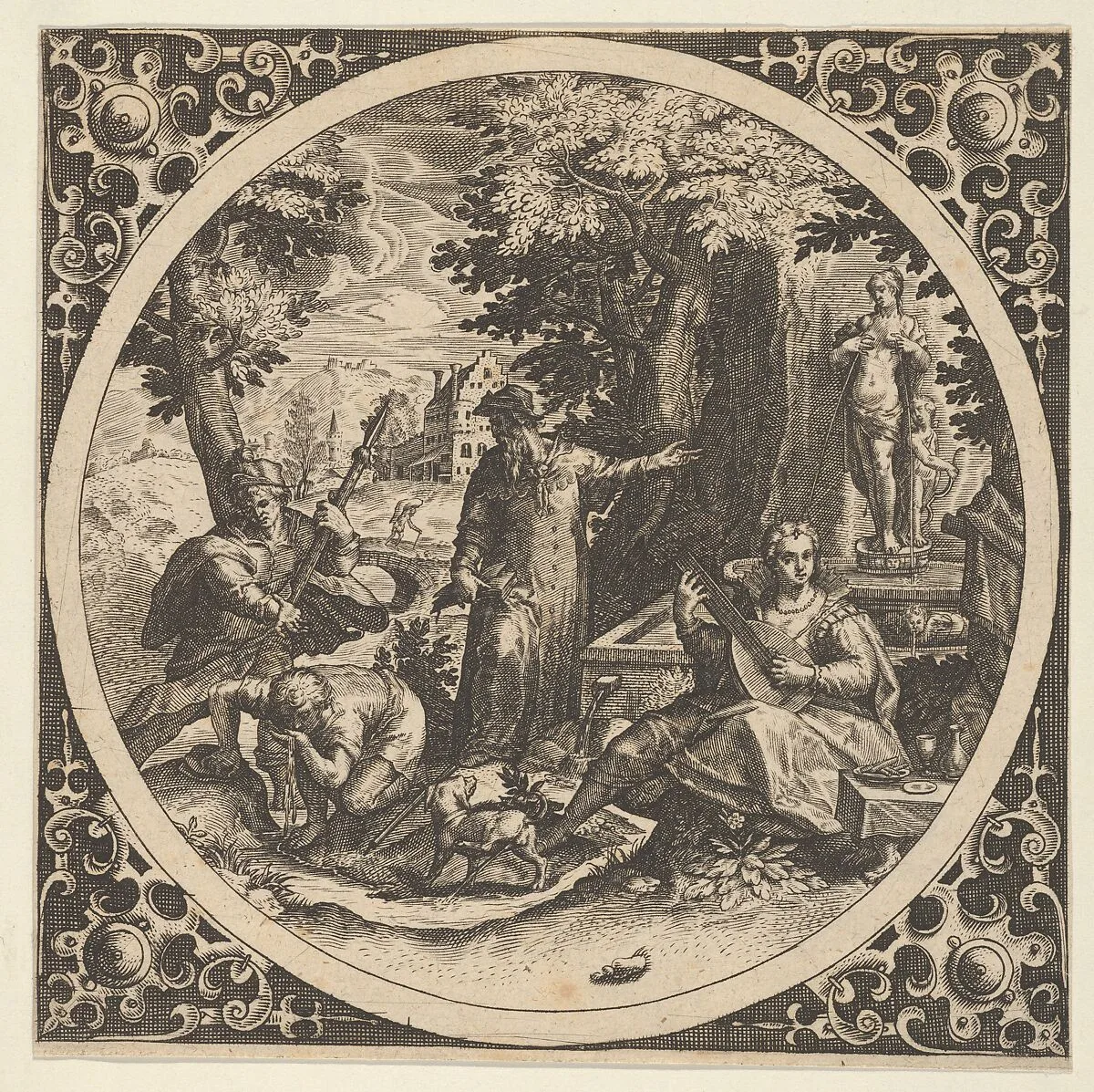 Scene with a Warning Against Venereal Disease in a Circle at Center — Theodor de Bry|Johann Sadeler I|Christoph Schwarz