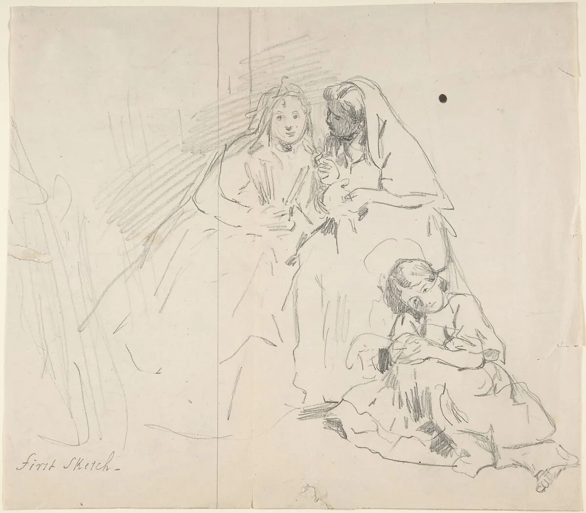 Sketch of Two Seated Women with Young Girl Sitting at Their Feet; Verso: Sketch of a Woman — Charles Baugniet