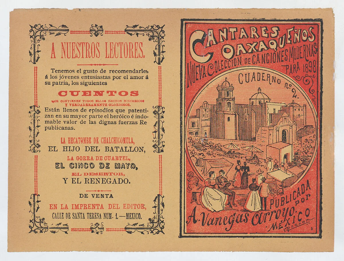 Cover for 'Cantares Oaxaqueños: Nueva Coleccion de Canciones Modernas para 1898', couples walking arm in arm on the outskirts of a town — Antonio Vanegas Arroyo|José Guadalupe Posada